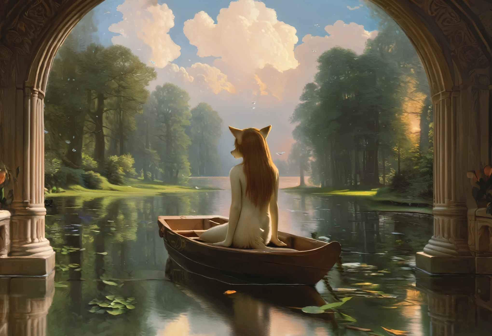 High-quality illustrations by John William Waterhouse, by Johannes Vermeer, wallpaper, summer, lake, dawn, forest, detailed forest, clouds, masterpiece, cinematic, soft light, depth of field, ray tracing, reflection in water, realism, ultra detailed, nymph, fairy, Mysterious and romantic atmosphere, luxurious embellishments, intricate details, (surrounded cistern, transparent aquarium, caustics surface)(reflecting, refraction, polarization:1.2)(highly detailed beautiful face and eyes)absurdres, perfect anatomy(handsome 1boy, kemono, solo focus)(furry)(furry anthro:1.7)(Furry body, dog facial features, dog body features)(very detailed body fur)fragility, reflections in mirrors and water surfaces, realistic visual effects, soft and delicate color palette, dramatic composition,