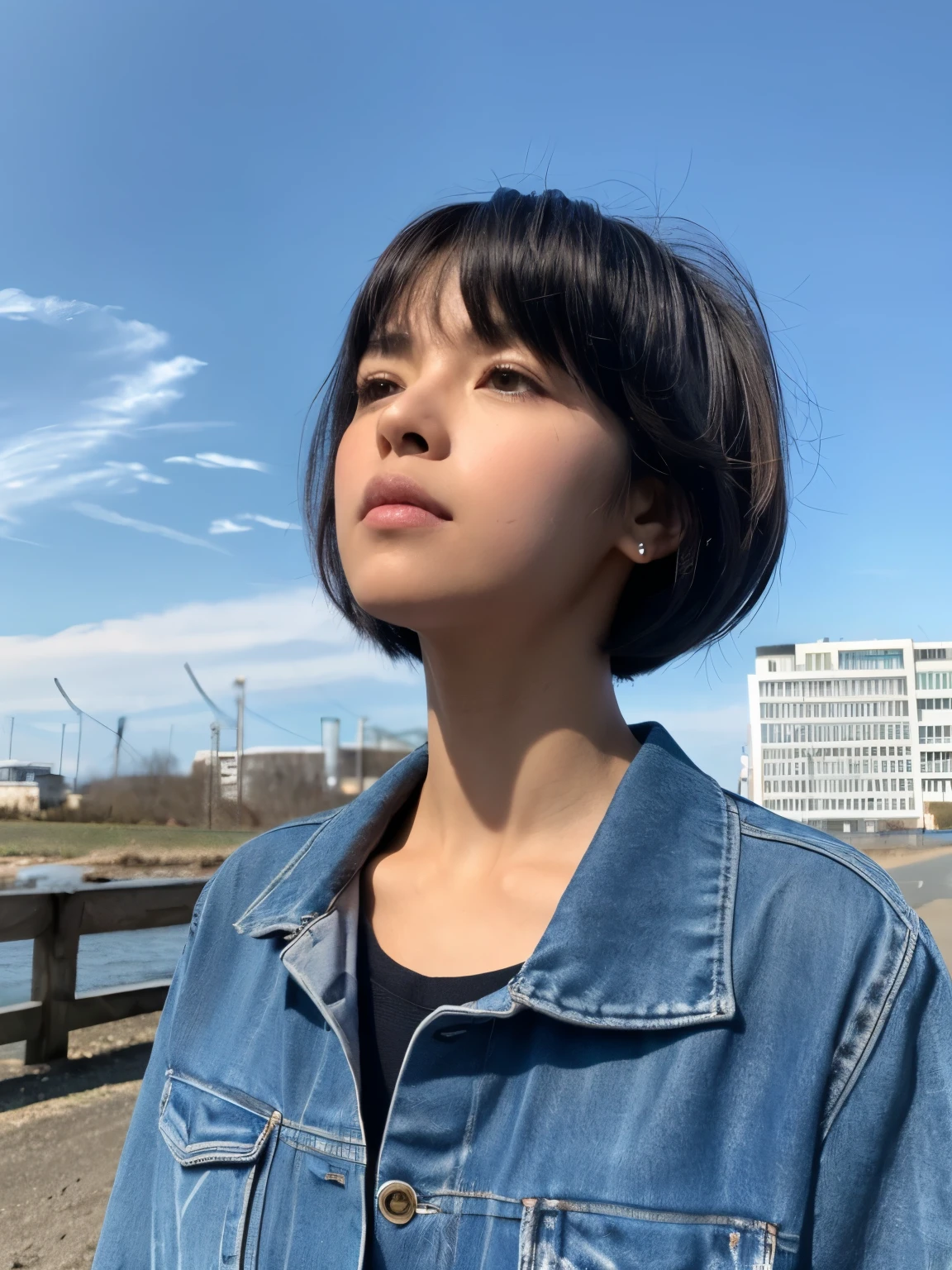 &price;((oficina)), qualidade perfeita, gordo, protuberante, corpo todo, beleza estonteante, jeanfavonian, Seios pequenos, (animes de alta qualidade, Makoto Shinkai), nervoso, corar, standing on the street near the river near the village, hands on chest, Olhando para o espectador, sem manoplas. Short hair blowing in the wind, the background is simple and blue, and the gaze is directed downward at a low angle, a bright lightning bolt.