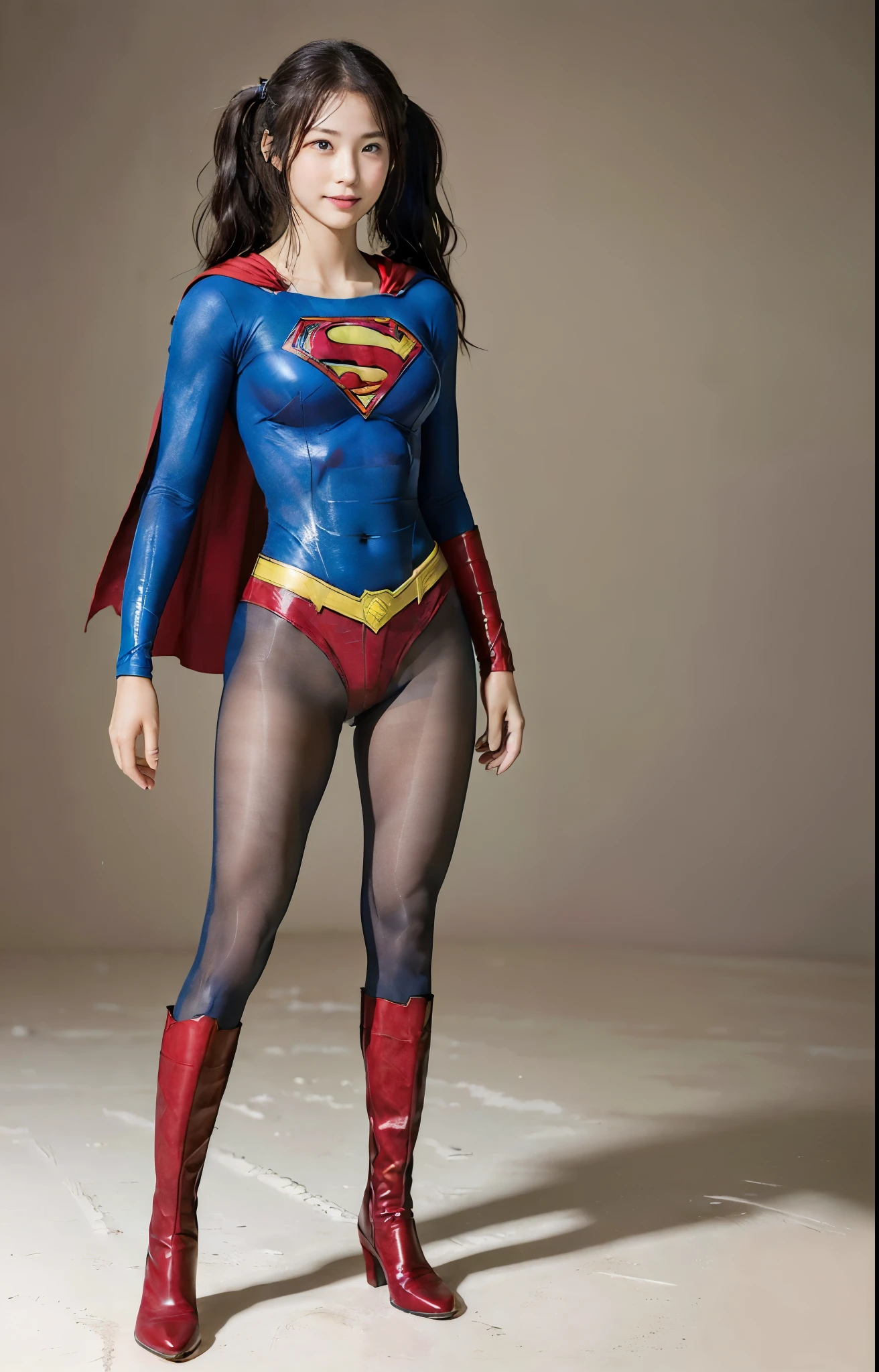 No background、(((Beautiful legs in black tights.)))、(((Legally express the beauty of your smile)))、((((Make the most of your original images)))、(((Body-fitting Supergirl costume)))、(((Supergirl Costume)))、(((Beautiful hair with twin tails)))、(((suffering)))、(((Please wear black tights....、Wear red boots)))、((Best image quality、8k))、((highest quality、8k、masterpiece:1.3))、(((Preserve background )))、Sharp focus:1.2、Beautiful woman with perfect figure:1.4、Slim Abs:1.2、Wet body:1.5、Highly detailed face and skin texture、8k