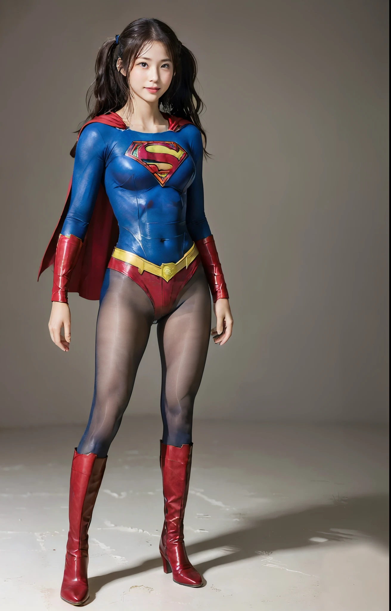 No background、(((Beautiful legs in black tights.)))、(((Legally express the beauty of your smile)))、((((Make the most of your original images)))、(((Body-fitting Supergirl costume)))、(((Supergirl Costume)))、(((Beautiful hair with twin tails)))、(((suffering)))、(((Please wear black tights....、Wear red boots)))、((Best image quality、8k))、((highest quality、8k、masterpiece:1.3))、(((Preserve background )))、Sharp focus:1.2、Beautiful woman with perfect figure:1.4、Slim Abs:1.2、Wet body:1.5、Highly detailed face and skin texture、8k