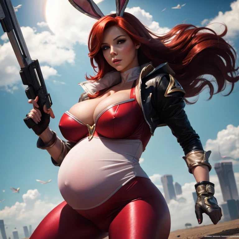  pregnant battle bunny miss Fortune, tight bodysuit, red hair, cleavage, wants to have sex with me 