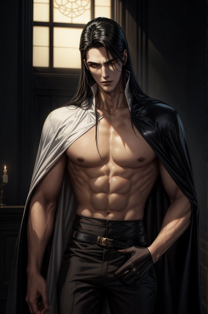 A tall, young, slender man with perfect features and a handsome face, Long black hair, Yellow Eyes, Beautiful black eyebrows, vampire, There was a thoughtful look on his face, Wearing a white shirt and a black cape, There is a dagger in his hand