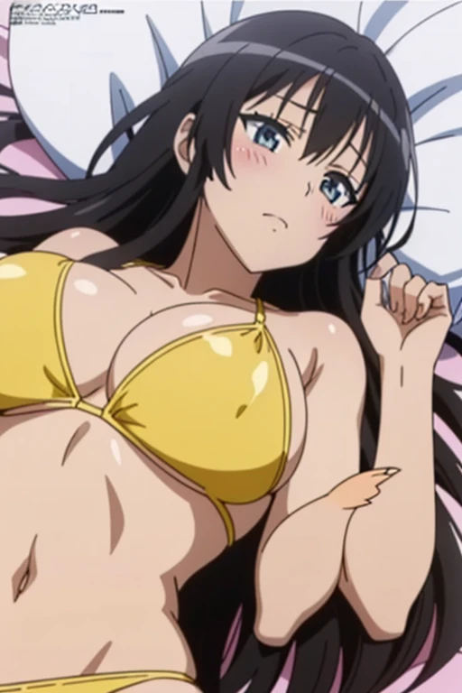 (missionary, pov:1.5, front view), (masutepiece, Best Quality, High resolution, anime colours, megami magazine:1.2, anime poster style, anime keyvisual, sharp, 8k, photorealistic), (beautiful eyes:1.5, beautiful face), Kotegawa Yui, 1girl, solo, Cute, blush, (Long Black Hair), (huge breasts:1.2), (yellow Bikini:1.2), (lying, on back, lie on bed:1.5), (Perfect detailed Anatomy, beautiful detailed hair, perfect detailed body:1.2, shiny skin), (thick outline, Beautiful outlines, black outlines), simple background