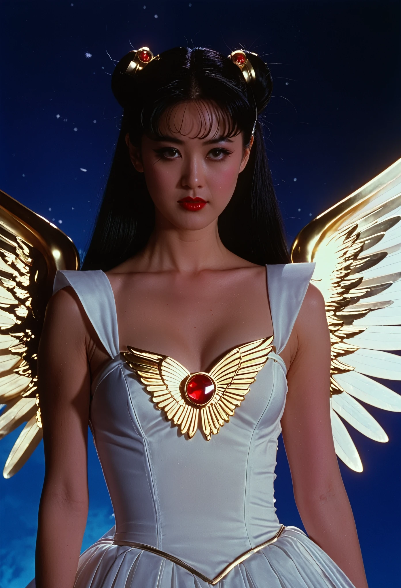 Screencap from the 1980's fantasy film Sailor Moon, directed by John Landis with cinematography featuring soft light. A beautiful Japanese woman with long black hair is wearing a white dress, with angel wings on her back. She has dark red lips, silver eyeshadow, and white eyeliner, smiling as she stands in front of a blue background bathed in soft light.