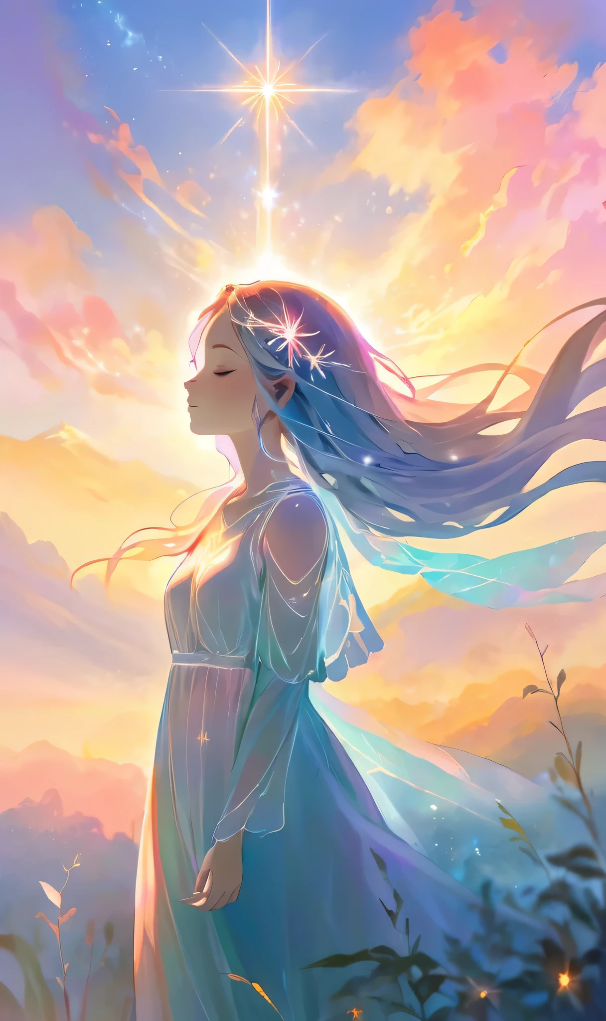 Spiritual Female, at Sunrise, Ethereal Lighting, colored,