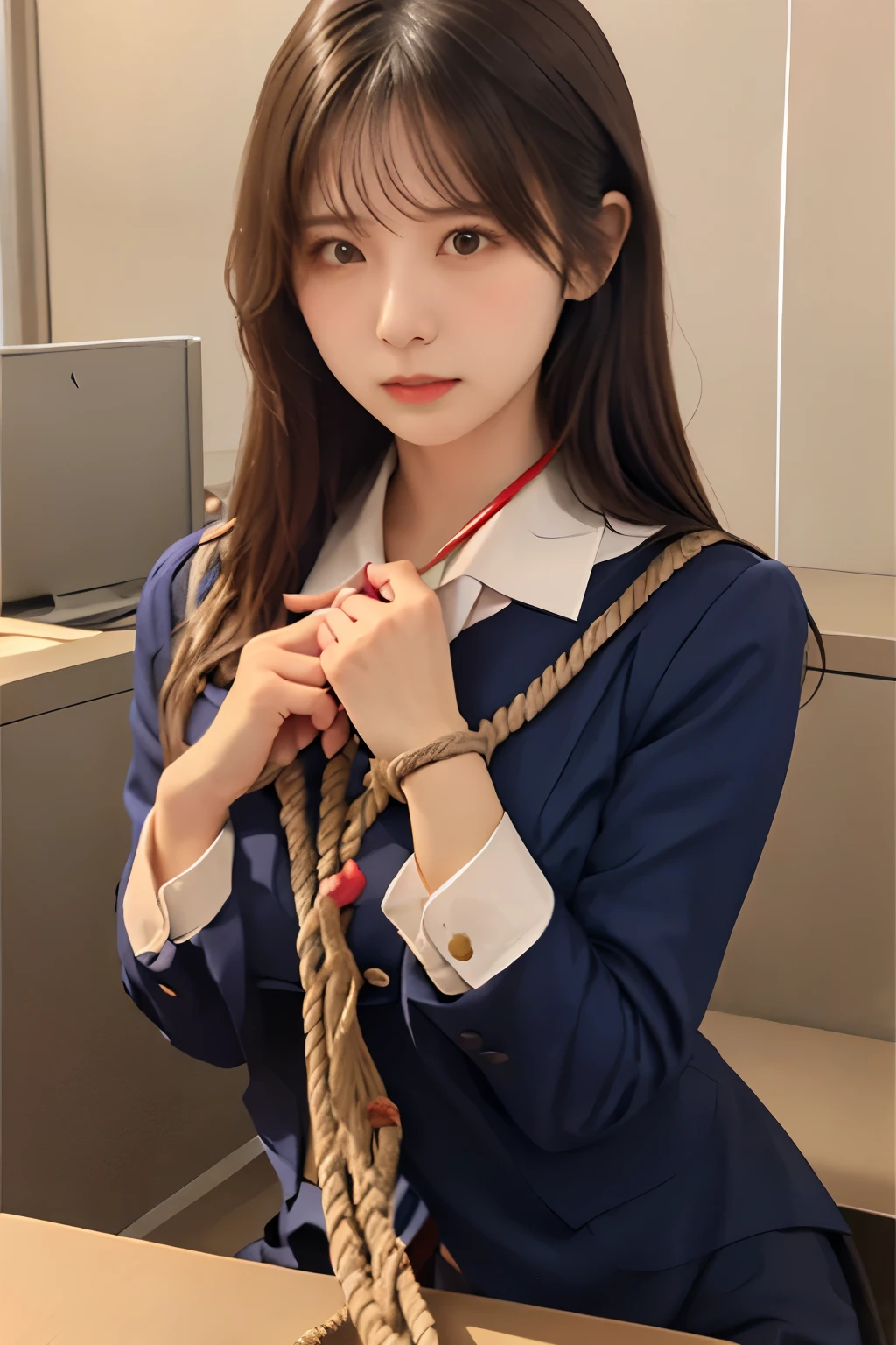 A cute female bank clerk with her hands tied with rope、