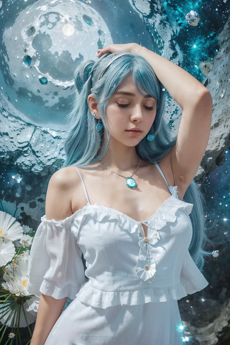 Surrounded by the Moon beams)) in side a Crater ((Eyes closed)) wearing a white dress with short ruffle linen puff sleeves coveree in small cresent moon-shape crystals. ((Is a girl with long teal mix blue hair and white oyster diamond covered hairclips in her hair))(( full body))