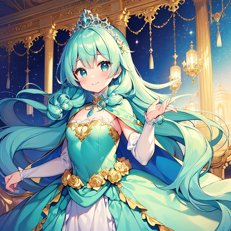 (kawaii),(best quality),(ultra detailed), upper body,(rococo style),(long train mint blue cape:1.05), very long cape,(long train mint blue ball gown with flower decorations:1.05), a girl is wearing a cape over her gown, 1 princess, tiara, smile, small breasts, very long hair