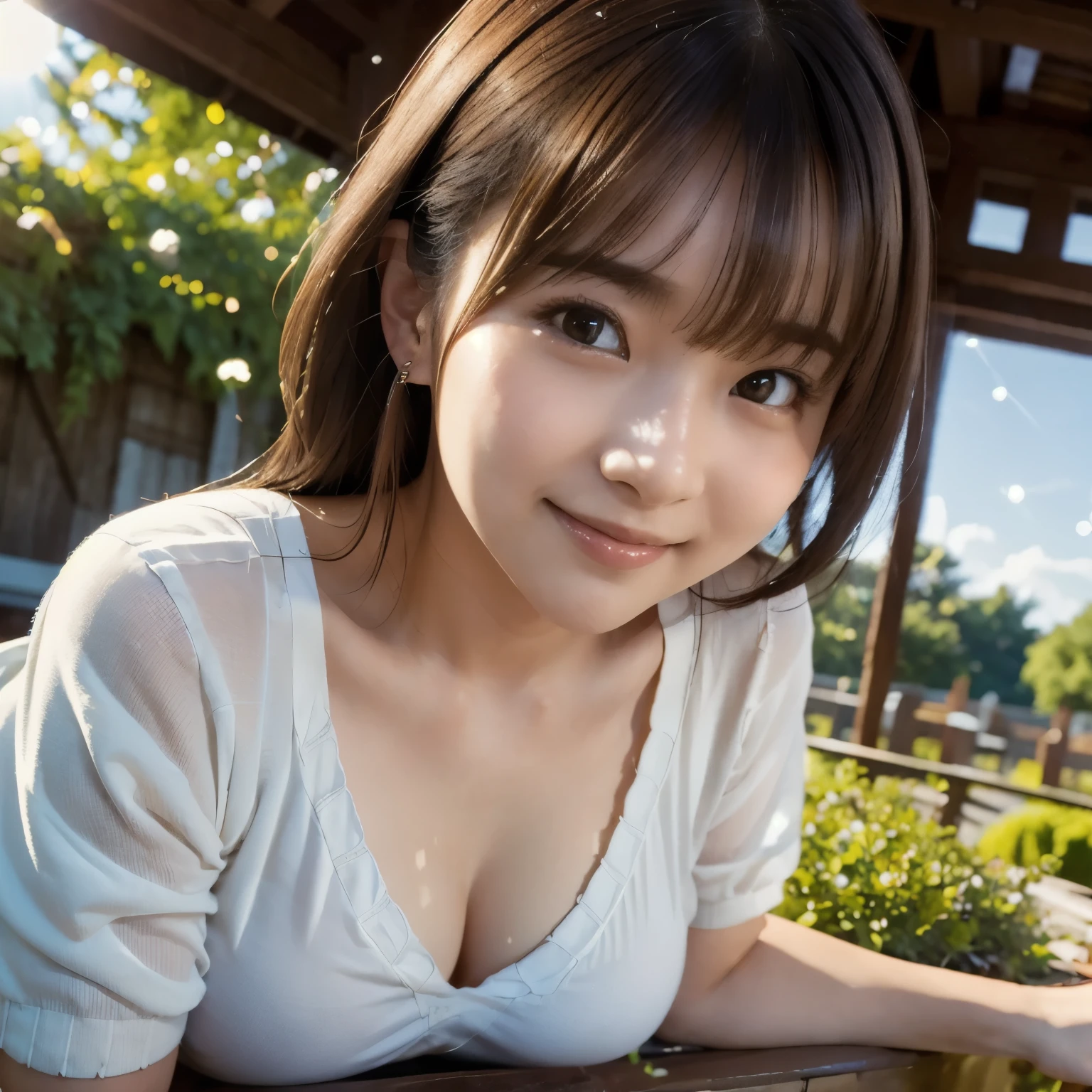 (highest quality,masterpiece:1.3,Ultra-high resolution),(Very detailed,Caustics,8k),(Realistic:1.4,RAW shooting),18-year-old,cute,Japanese Idols,Black hair half up,Smiling and looking at the camera,Crouched posture,Big Breasts,cardigan,Knitted dress,(garden),(Low position:1.2),(Low Angle:1.2),(Face Focus:1.2),(Face close-up:1.2),Natural light,(Lens flare),Professional Writing