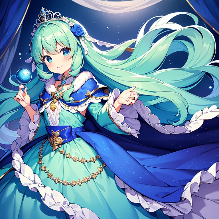 (kawaii),(best quality),(ultra detailed), upper body,(rococo style),(long train mint blue cape:1.05), very long cape,(long train mint blue ball gown with flower decorations:1.05), a girl is wearing a cape over her gown, 1 princess, tiara, smile, small breasts, very long hair