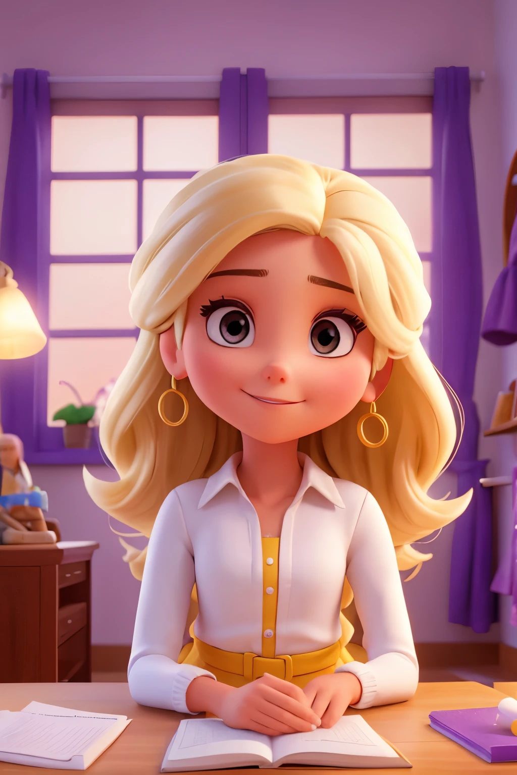 una mujer blanca, pelo por los hombros, sitting in the chair in his room, estilo disney-pixar, con luces y un fondo morado intenso y amarillo dorado, (mejor calidad, Alta calidad, ultra calidad), vistoso , vibrante, detallado, con un toque de magia, Sin lentes