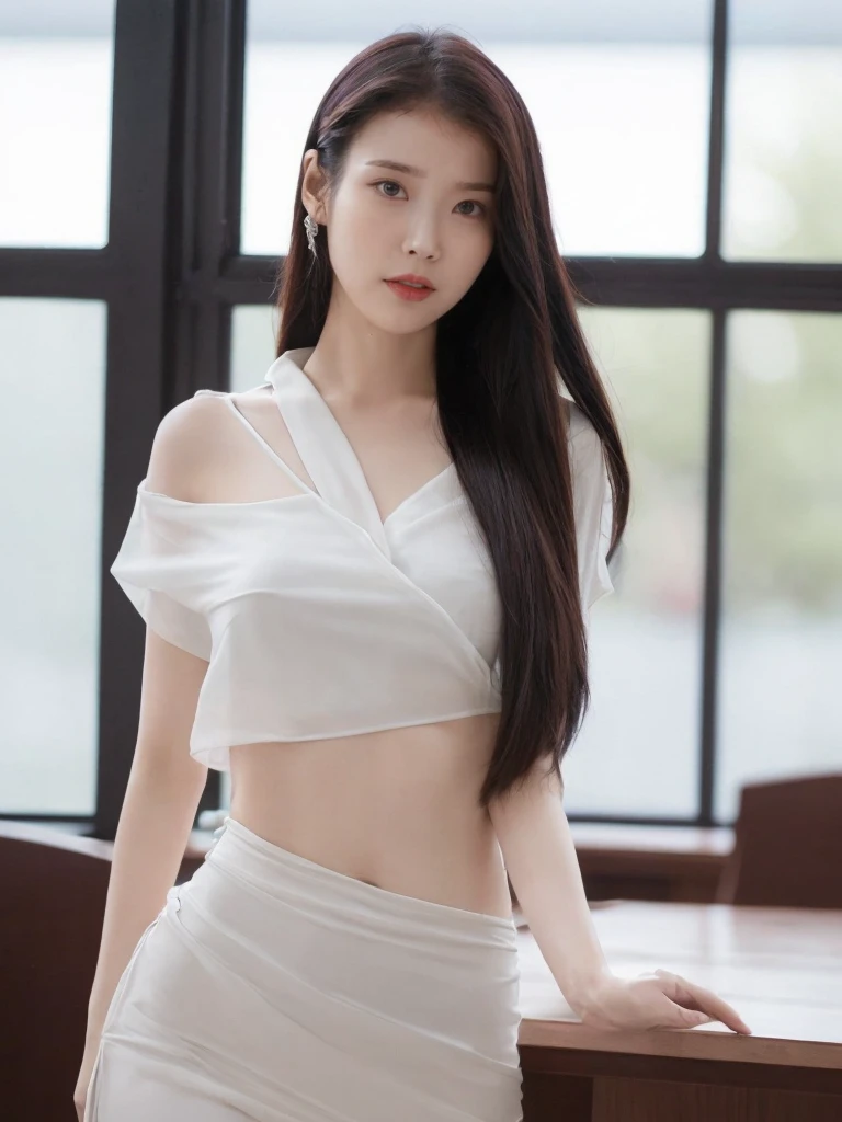 (tmasterpiece, Best quality: 1.2), Lee Ji Eun (IU),(The face is very delicate, Authentic images, Realistic skin, Realistic body, Complicated details), red eyes (Threatening expression), light blush, small perky breasts, hyperrealistic, cinematic photo, 14 year old girl, pale skin, Korean amazing slim body, ((White cropped blouse with tie)), black velvet trousers, black shoes, long brown hair, holding a dildo, perfect slender legs, wide hips, perfect hands, beautiful face, perfect face, youthful, (blured background), modern style, from below, (low-angle shoot), low_angle_human, towering, (full body shot), standing, underneath shot, (view viewer), looking at viewer,(8k, epic composition, photorealistic, sharp focus), detailed background, ((empty classroom)), (a summoning circle glowing), DSLR, foil grain, window light, Lee Ji Eun (NSFW: 1.8)