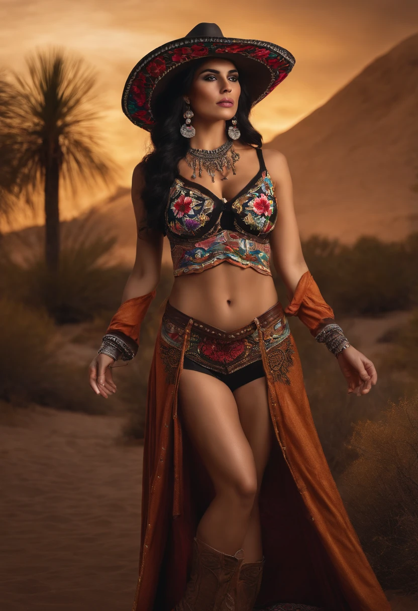 Ultra-realistic, 8K image of a beautiful Mexican woman with a C-cup bust, standing almost full-length against a desert background. Her face is painted with a traditional Day of the Dead (Dia de los Muertos) sugar skull mask, and she is wearing a large Mexican sombrero. Her arms and chest are covered in tattoos, occupying 60% of the skin. She is dressed in a leather mini-skirt and a sleeveless poncho with a slit.