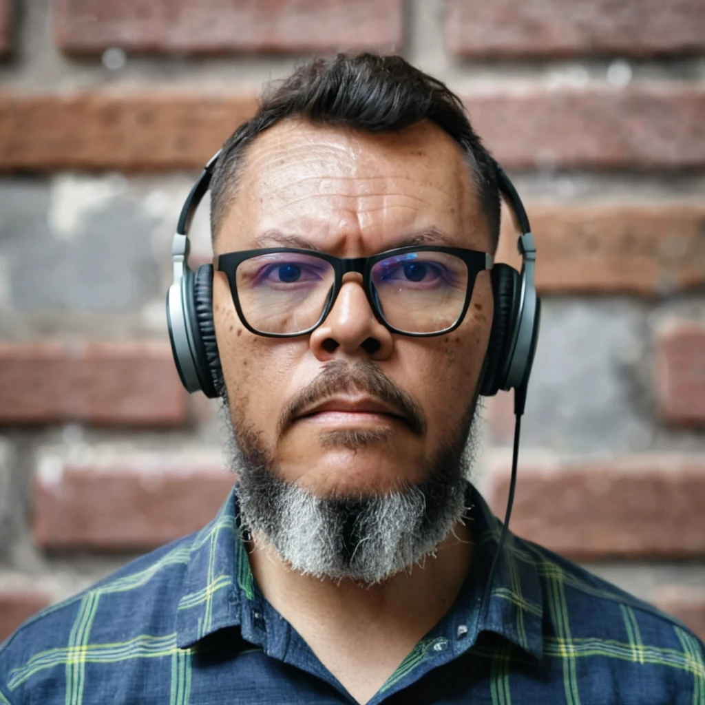 (masterpiece, high-quality, realistic photography: 1.3), frontal portrait up to chest line of a bearded man wearing glasses, (short military-style haircut: 1.2), (wearing headphones: 1.2), dressed in a plaid shirt, (background with splashes of colorful paint: 1.2), against a concrete and brick wall, (depth of field: 1.2), sharp focus on the man with a blurred, detailed background, (chiaroscuro lighting: 1.2), creating dramatic light and shadow contrasts, (professional execution: 1.1), ensuring every detail is captured in RAW format, highlighting the texture of his beard, glasses, and clothing.,gutto2024abr 