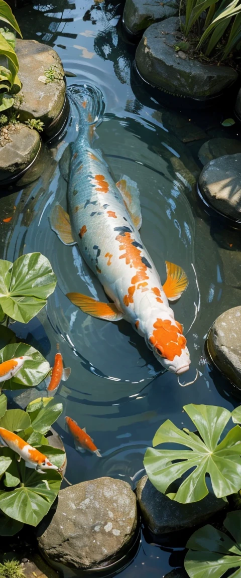 ((masterpiece, highest quality, Highest image quality, High resolution, photorealistic, Raw photo, 8K)), Beautiful big fish pond, beautiful koi fish, Lots of koi fish in the pond, beautiful various colored koi fish, koi fish swim swiftly, water pond with very clear water, big fish pond with beautiful view, [ graphic photo ], portrait! outdoor, viewpoint photo, iphone photo, very real, outdoor photo,
