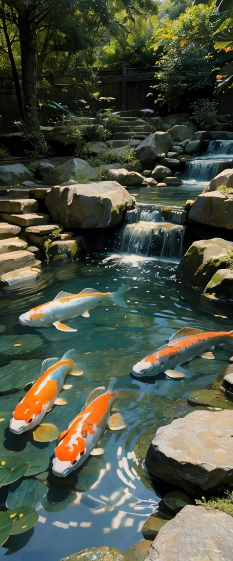 ((masterpiece, highest quality, Highest image quality, High resolution, photorealistic, Raw photo, 8K)), Beautiful big fish pond, beautiful koi fish, Lots of koi fish in the pond, beautiful various colored koi fish, koi fish swim swiftly, water pond with very clear water, big fish pond with beautiful view, [ graphic photo ], portrait! outdoor, viewpoint photo, iphone photo, very real, outdoor photo,