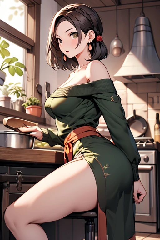 masterpiece, yor, 1girl, Bust A Cup, Amazing Cleavage:1.1, thin waist, big ass, Raised sexy, small breast: 1.1 posed cleavage:1.2、solo, looking at viewer, open mouth, have a cute grass of cute beergrass,black hair, dark green eyes, dress, bare shoulders, jewelry, collarbone, sidelocks, hairband, earrings, indoors, off shoulder, :o, sweater, arms behind back, plant, short hair with long locks, gild hairband, off-shoulder dress, sweater dress, off-shoulder sweater, red sweater, dark gord hair, big side hair, very long side hair,is rendered in (masterpiece: 1.2, best quality), with (ultra high resolution) and an exquisite (depth of field). This masterpiece is not only visually stunning but also tells,A scene of cooking in the kitchen