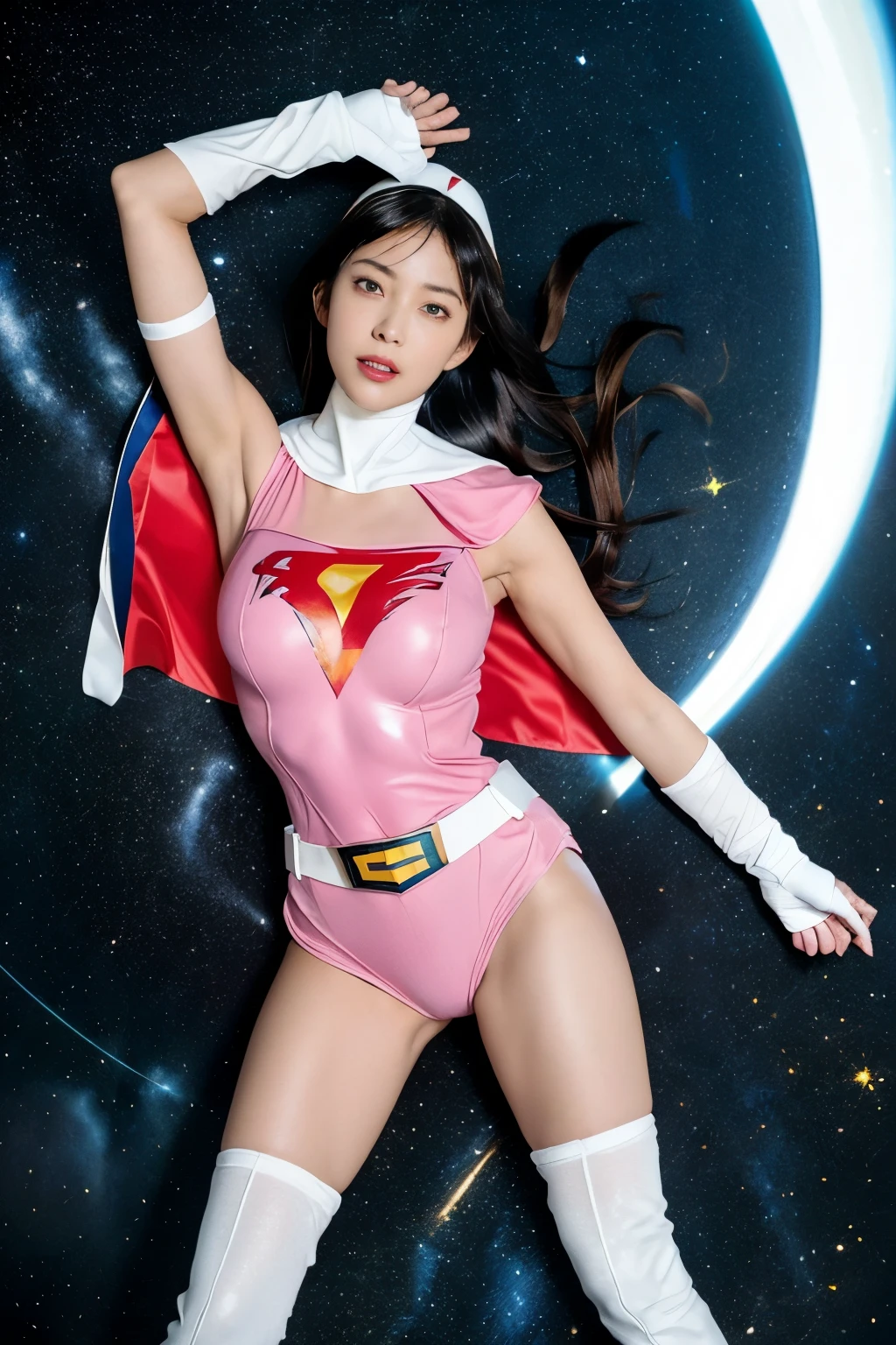 Year_Classic_Jun_gatchaman_My Waifu,One girl, 18-year-old,Excellent anatomy, masterpiece, highest quality,Realistic, hyperRealistic, 16K HDR,
Long Hair,chest,Green Eyes,lips,large chest,lipstick,compensate,gloves,Cape,Helmet,belt,elbow gloves,white gloves,mask,Ultra mini skirt,leotard,Spacesuit,White legwear,Pink Dress,Superhero,Bodysuits,chestの谷間,Erect nipples,(Fighting Pose:1.2),(Spread your legs),Camel Toe,Sweat,smile,Spaceship,Nipples are visible through the,Raise your hand,(From above:1.2),