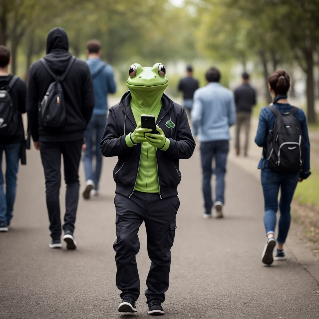 The anonymous frog is holding a phone in his hands, the phone screen is turned in our direction, the frog is cute but serious, there are a lot of people behind, who walk back and forth, high resolution, 3D
