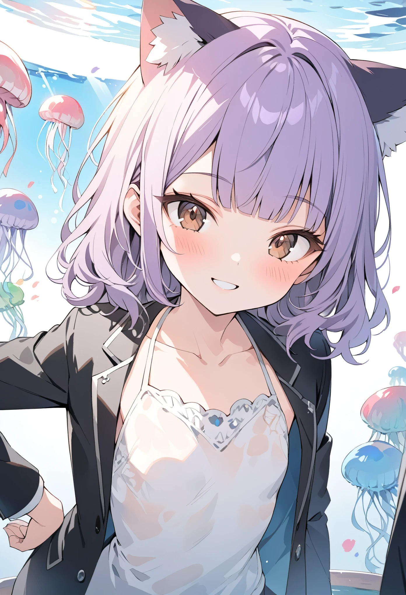 ((Masterpiece)), ((best quality)), (Anime:1.3), (super detail:1.2),(High Definition:1.3), (Professional Photography:1.2), (()), Portrait shot, (morning), messy medium hair, wearing Formal jacket, (slightly exposed small chest), Beautiful collarbone, pale purple hair, cute teenage girl blush), lower eyelashes, (loose blunt bangs), red mesh, Slender body, (place hand on hip), glossy skin, (nauthy smile), open mouth, ((Beautiful brown eyes)), Textured skin, (Cat ears), Cute Beautiful Girl, BREAK, ((best quality)), ((In the beautiful aquarium)), jellyfish swim, Watercolor style, watercolor pencil, paper texture, (sharp focus), perfect hands, (perfect light),