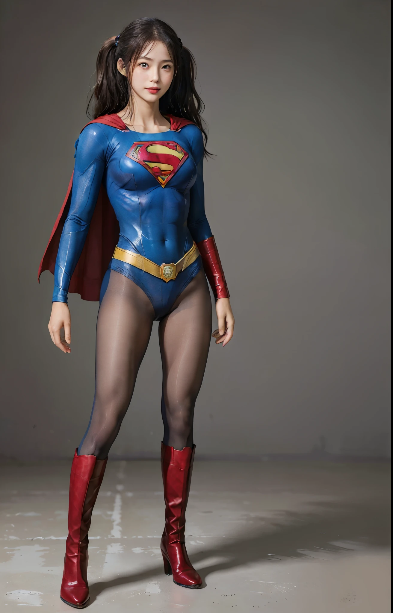 No background、(((Beautiful legs in black tights.)))、(((Legally express the beauty of your smile)))、((((Make the most of your original images)))、(((Body-fitting Supergirl costume)))、(((Supergirl Costume)))、(((Beautiful hair with twin tails)))、(((suffering)))、(((Please wear black tights....、Wear red boots)))、((Best image quality、8k))、((highest quality、8k、masterpiece:1.3))、(((Preserve background )))、Sharp focus:1.2、Beautiful woman with perfect figure:1.4、Slim Abs:1.2、Wet body:1.5、Highly detailed face and skin texture、8k