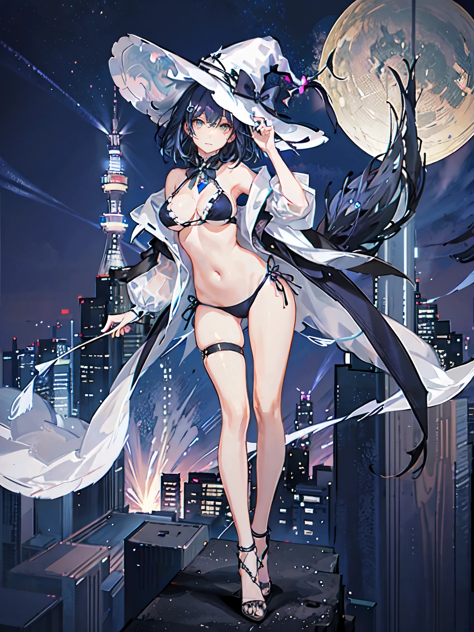 A girl stands on the rooftop of a high-rise building overlooking the late-night Tokyo nightscape.、She has a short bob with a white lob of hair and wears a large black witch hat with sapphire jewelry.、A high school student wearing a navy blue bikini-type swimsuit with a white ribbon、She wears a large witch's hat with a small sapphire accessory、A few star creams、Beautiful starry sky、Beautiful night view、large witch's hat 、Navy blue bikini pants that dig into your stomach、Small breasts、Small breasts、Navy blue swimsuit top with white frills、I see my stomach、The area around the stomach is bare skin.、Belly button、Halterneck bikini、She is wearing hot pants、She is wearing a long black coat with the front open.、Illuminated roof terrace、She is wearing hot pants over her swimsuit.、