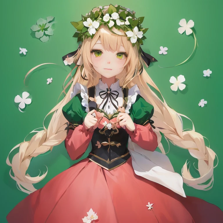 anime girl with long blonde hair wearing a green dress and a flower crown, cute anime waifu in a nice dress, in dress, elf girl wearing an flower suit, sakura petals around her, shikamimi, lolish, cute anime girl, zerochan art, cute anime girl portraits, guweiz on pixiv artstation, splash art anime