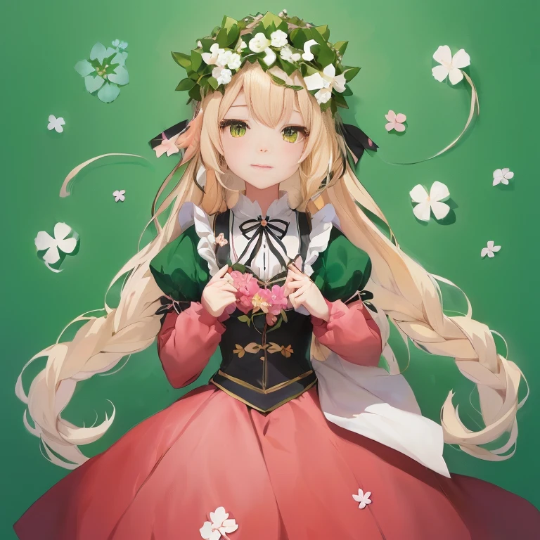 anime girl with long blonde hair wearing a green dress and a flower crown, cute anime waifu in a nice dress,  in dress, elf girl wearing an flower suit, sakura petals around her, shikamimi, lolish, cute anime girl, zerochan art, cute anime girl portraits, guweiz on pixiv artstation, splash art anime 
