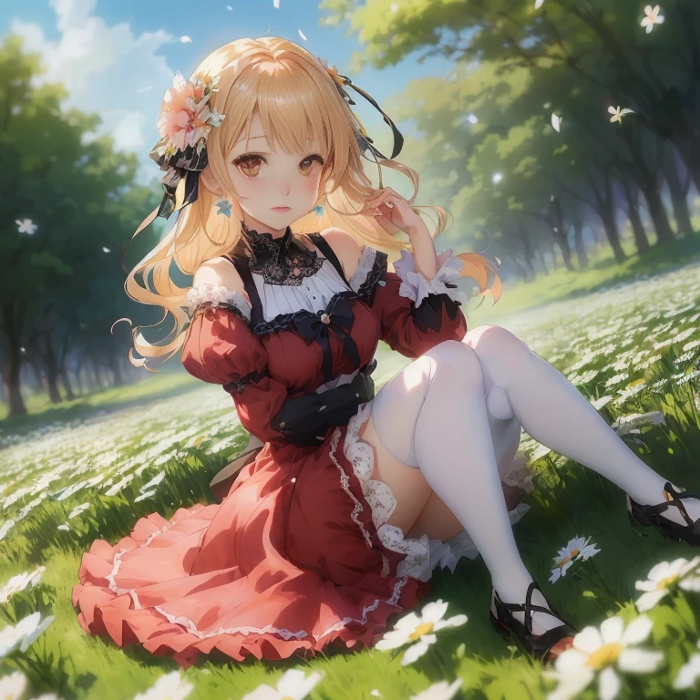 anime girl sitting in a field of daisies with a flower in her hair,  in dress, cute anime waifu in a nice dress, cushart krenz key art feminine, rin, splash art anime , smooth anime cg art, anime visual of a cute girl, beautiful anime girl, portrait of lolita, , anime best girl
