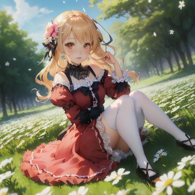 anime girl sitting in a field of daisies with a flower in her hair, in dress, cute anime waifu in a nice dress, cushart krenz key art feminine, rin, splash art anime , smooth anime cg art, anime visual of a cute girl, beautiful anime girl, portrait of ta, , anime best girl
