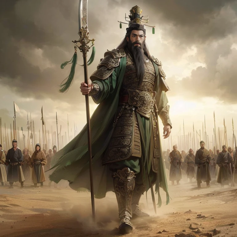 (Best Quality:1.2), (high resolution:1.2), (beautiful face and eye:1.2), (sharpest focus:1.2), (Ultra-realistic Photo:1.2), (Ultra-precise Photo:1.2), (Depth of field:1.2), (perfect :1.2), (nice hands:1.2), (perfect hands:1.2), 
(A long spear with a long curved blade with ornate decoration:1.2), (A green, spacious gusoku:1.2), (A young, fearless, beautiful and imposing Chinese man:1.0), (A Chinese warrior with an imposing physique:1.2), 
(A shiny, beautiful, very long and voluptuous black beard:1.2), (Small green hat:1.2), (Dignified okay in front of a large, aligned herd:1.2),  (A vast, dusty desert:1.0), (A languid expression:1.0), (Standing with dignity:1.2), 