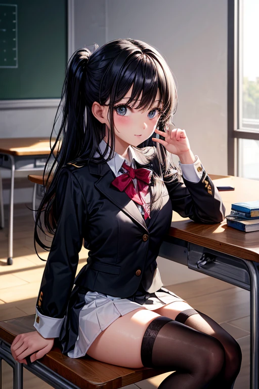 Ridiculous resolution，high resolutionaster-piece：1.4），ultra-details，A black-haired young woman dressed in a school costume，classroom，mischievous expression，Sitting at a table, looking at camera, upskirt, white panties, black pantyhouse, teasing