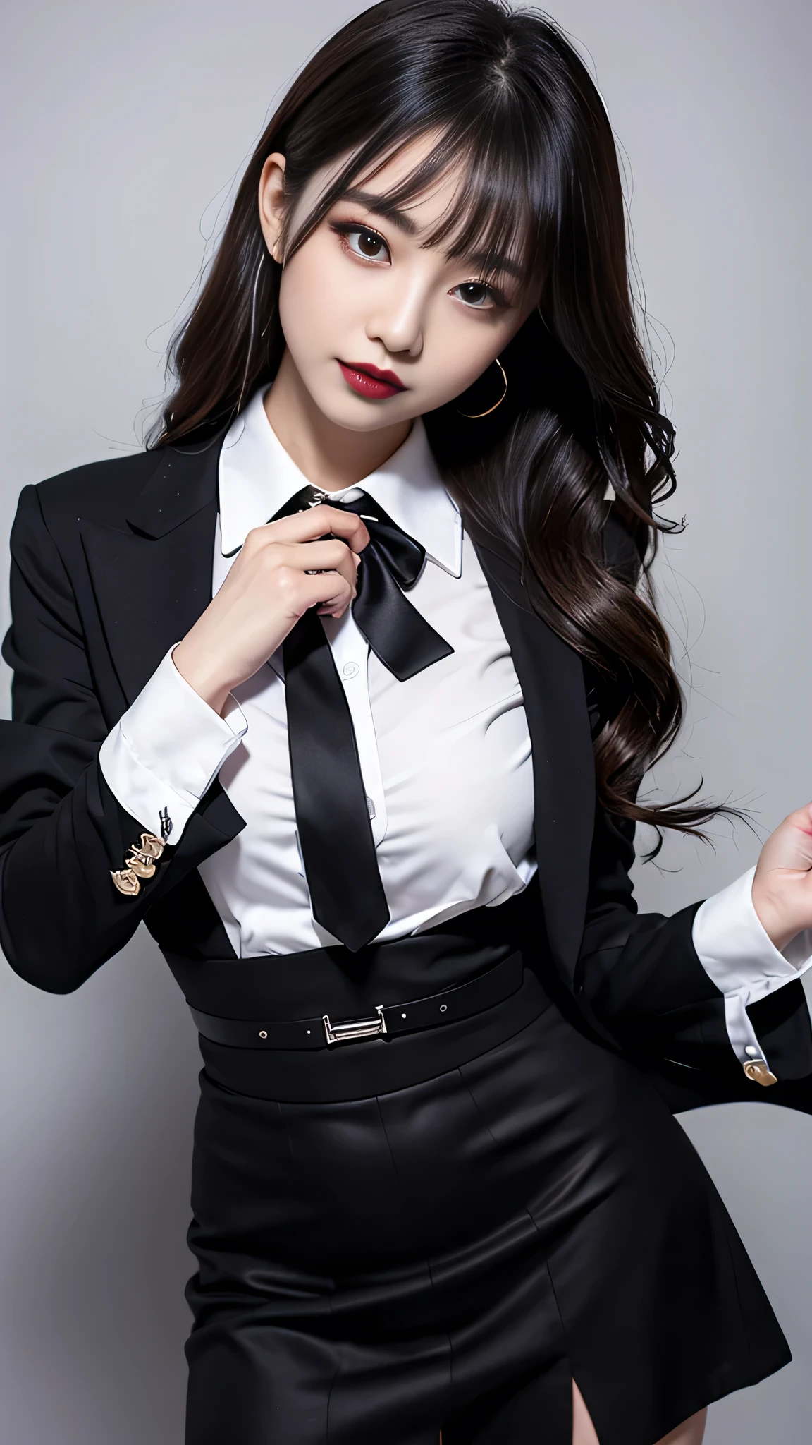 best quality、ultra-detailed、4k、Japanese、Seductive beauty、seductive adult woman、Pretty Woman、cool girl、Villainess、Brainwashed、brainwash、Fallen into evil、smirk、Evil look、Wicked Smile、evil、Brown hair、wavy hair、swept bangs、dark makeup、dark makeup、piercing eyes、hollow eyes,half-closed eyes、Hollow Eyes、purple Eyeshadow、black lipstick、black lipglos、office staff suit、suit、Jacket、Black sleeves、White Shirt、Black Ribbon、Tight Skirt、pantyhose、night、inside darkroom、Are standing、shoot from below、Have lipstick、Emblem of Evil、Crest of Darkness、Swear allegiance、I have pledged my allegiance、Dye black、Blackening、Stained with evil、Dyed in darkness、Seduce