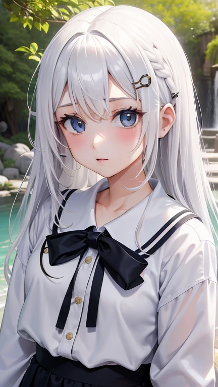 obra maestra, mejor calidad, bishoujo, alumno, pelo largo, pelo rubio, pelo entre los ojos, Pelo entre los senos, heart hair ornament, Hermosos ojos detallados, white tabs, Pechos grandes, Gato_orejas, muslos blancos, uniforme del monasterio de piedra mach,