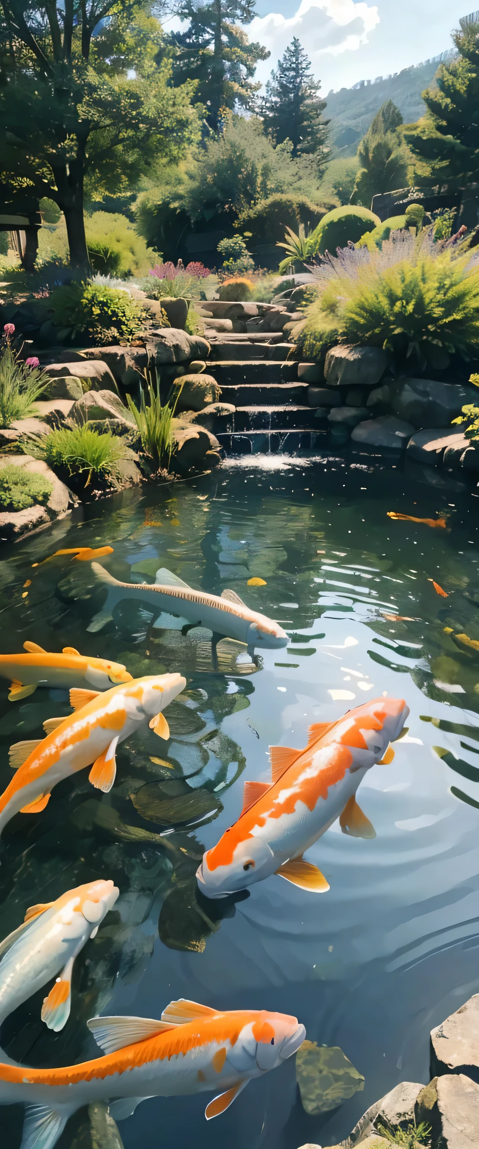 ((masterpiece, highest quality, Highest image quality, High resolution, photorealistic, Raw photo, 8K)), Beautiful big fish pond, beautiful koi fish, Lots of koi fish in the pond, beautiful various colored koi fish, koi fish swim swiftly, water pond with very clear water, big fish pond with beautiful view, [ graphic photo ], portrait! outdoor, viewpoint photo, iphone photo, very real, outdoor photo,