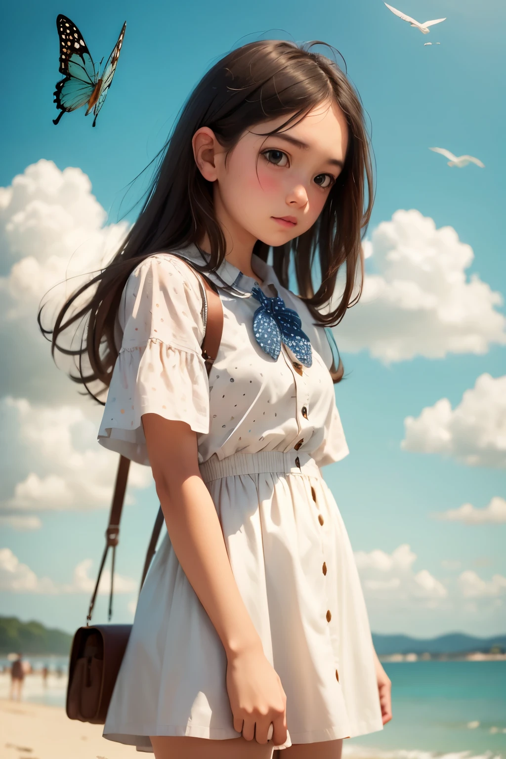 masterpiece, best quality, 1girl, bird, seagull, sky, cloud, polka_dot, blue_sky, solo, cloudy_sky, bug, butterfly, day, blush, flock, outdoors, Abigail