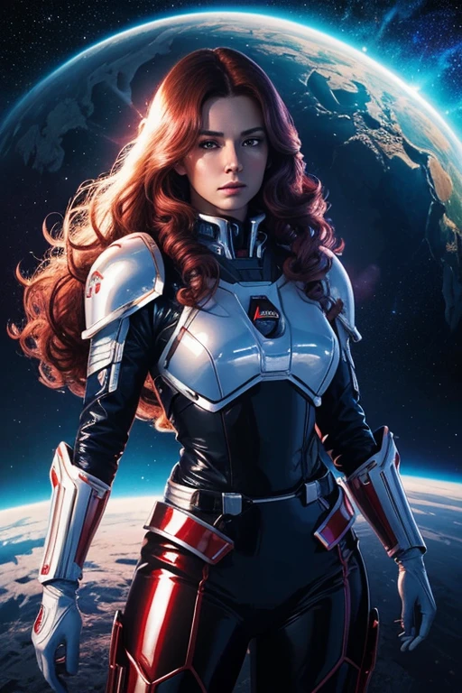 Best Quality, acrylic illustration art, vivid colors,Beautiful space Woman,Suspicious expression face, curly long hair, Looking at Viewer, metallic shiny glossy white armor with red details,glossy white gloves, adjusting a militar belt,natural lights, SPACESHIPs in deep space BACKGROUND, dramatic blue lights