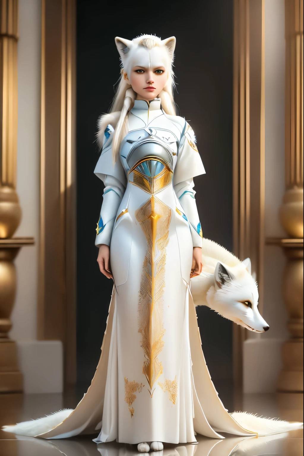 (((solo exhibition)), white and gold clothes, lots of decorated costumes, (full body) Take photos of the most beautiful artwork detailed, Intricate details, High detail, Ultra realistic, Hidden armor, proportions, Realistic anthropomorphic art, (Anthropomorphic art!!!, (((Female Human Arctic Fox priest)), Forest, very, very beautiful human art, realistic, 8k, no human hair, no repetition, no repeating tail, no clones, no big heads