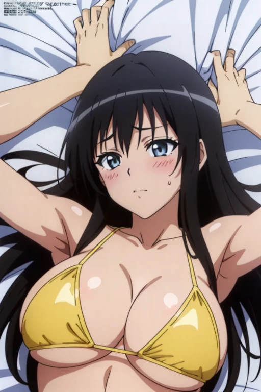 (missionary, pov:1.5), (masutepiece, Best Quality, High resolution, anime colours, megami magazine:1.2, anime poster style, anime keyvisual, sharp, 8k, photorealistic), (beautiful eyes:1.5, beautiful face), Kotegawa Yui, 1girl, solo, Cute, blush, (Long Black Hair), (huge breasts:1.2), (yellow Bikini:1.2), (lying, on back, lie on bed:1.5), upper body:1.5, spread legs,  (Perfect detailed Anatomy, beautiful detailed hair, perfect detailed body:1.2, shiny skin), (thick outline, Beautiful outlines, black outlines), simple background