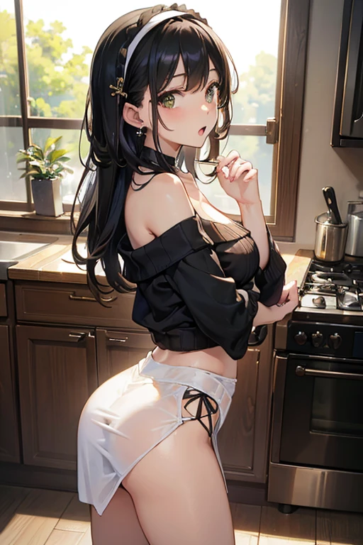 masterpiece, yor, 1girl, Bust A Cup, Amazing Cleavage:1.1, thin waist, big ass, Raised sexy, small breast: 1.1 posed cleavage:1.2、solo, looking at viewer, open mouth, have a cute grass of cute beergrass,black hair, dark green eyes, dress, bare shoulders, jewelry, collarbone, sidelocks, hairband, earrings, indoors, off shoulder, :o, sweater, arms behind back, plant, short hair with long locks, gild hairband, off-shoulder dress, sweater dress, off-shoulder sweater, red sweater, dark gord hair, big side hair, very long side hair,is rendered in (masterpiece: 1.2, best quality), with (ultra high resolution) and an exquisite (depth of field). This masterpiece is not only visually stunning but also tells,A scene of cooking in the kitchen