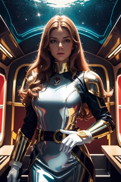Best Quality, acrylic illustration art, vivid colors,Beautiful space Woman,Suspicious expression face, CURLY LONG hair, Looking at Viewer, metallic shiny glossy white armor with gold details,glossy white gloves, adjusting a militar belt,natural lights,Interior of a submarine with a large skylight showing the ocean, dramatic RED lights