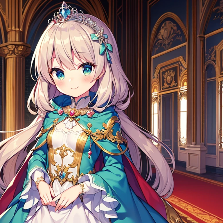 (kawaii),(best quality),(ultra detailed), upper body,(rococo style),(long train mint blue cape:1.05), very long cape,(long train mint blue ball gown with flower decorations:1.05), a girl is wearing a cape over her gown, 1 princess, tiara, smile, small breasts, very long hair