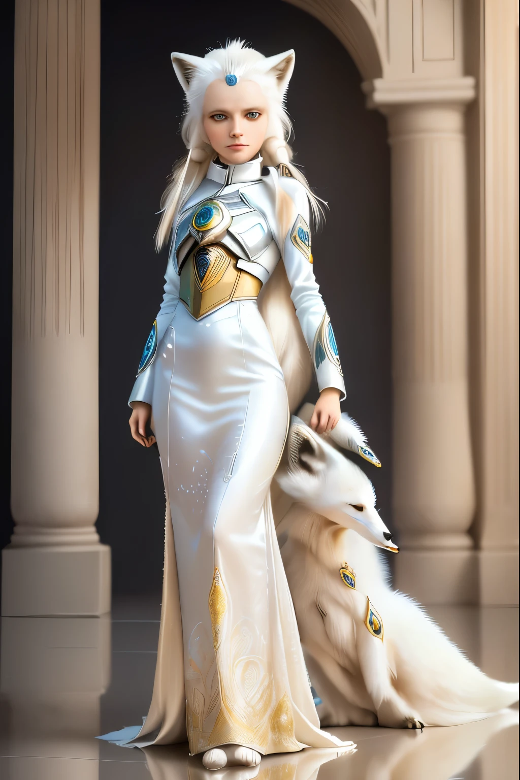 (((solo exhibition)), white and gold clothes, lots of decorated costumes, (full body) Take photos of the most beautiful artwork detailed, Intricate details, High detail, Ultra realistic, Hidden armor, proportions, Realistic anthropomorphic art, (Anthropomorphic art!!!, (((Female Human Arctic Fox priest)), Forest, very, very beautiful human art, realistic, 8k, no human hair, no repetition, no repeating tail, no clones, no big heads
