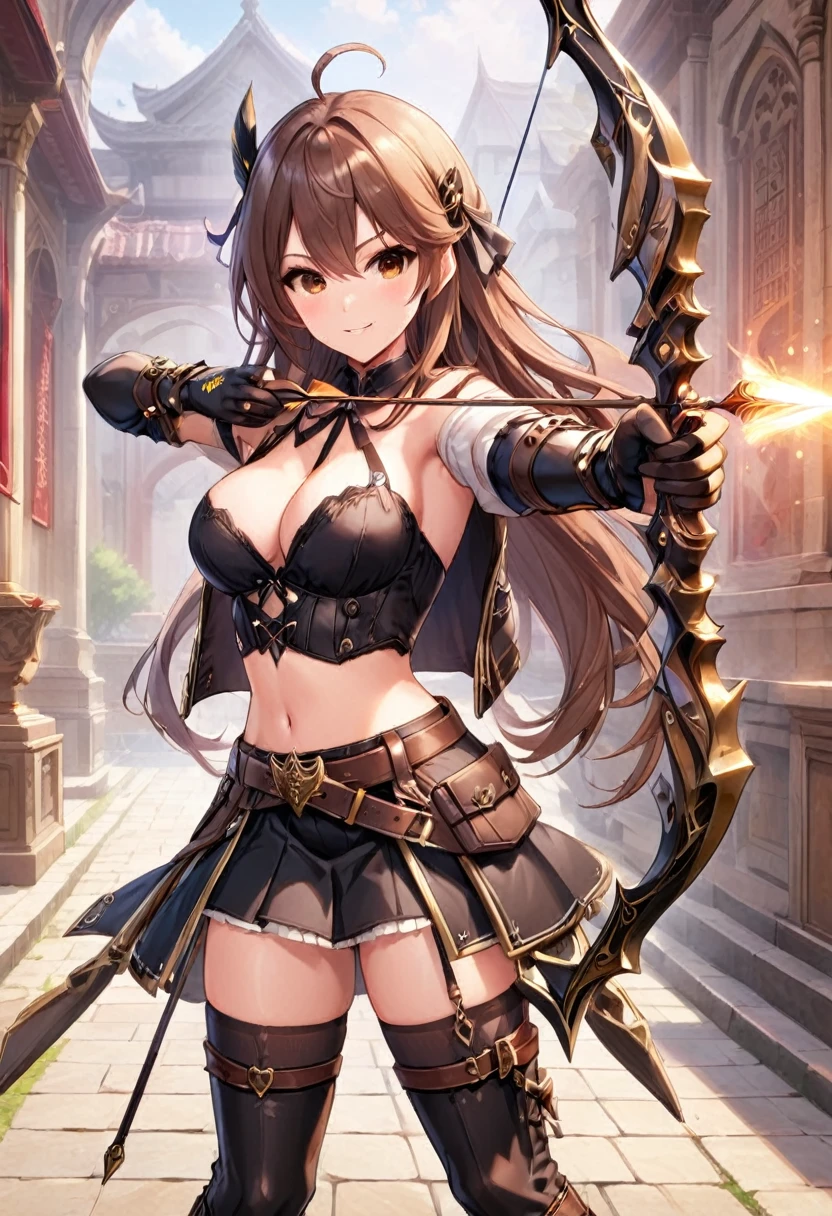 (masutepiece, Best Quality), 1girl, solo, long-hair, weapon, thighhighs, brown-hair, gloves, navel, brown-eyes, smile, breasts, medium-breasts, cleavage, belt, looking-at-viewer, boots, midriff, black-thighhighs, full-body, skirt, ahoge, holding-weapon, blush, holding, bandeau, standing, Aiming a Bow
