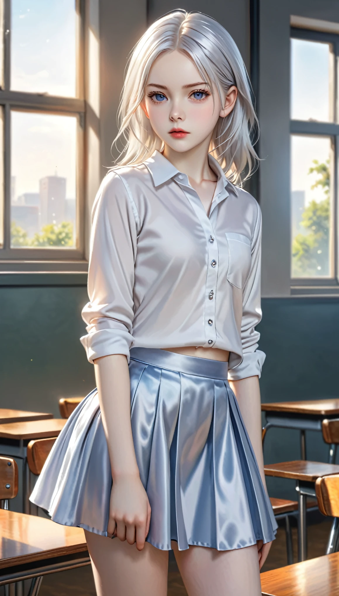 1girl, (masterpiece:1.1), (best quality:1.1), (white blouse:1.1), (plaid skirt:1.1), school uniform, high waist skirt, BREAK [blue:pink:0.5] theme, (gradient background:1.1 ), cowboy shot, BREAK silver hair, long hair,, green eyes, delicate headgear, looking sideways,