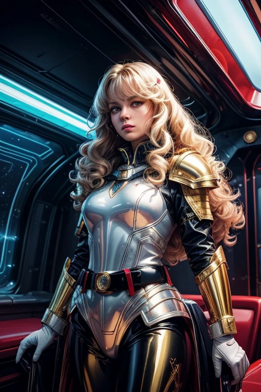 Best Quality, acrylic illustration art, vivid colors,Beautiful space Woman,Suspicious expression face, CURLY LONG hair, Looking at Viewer, metallic shiny glossy white armor with gold details,glossy white gloves, adjusting a militar belt,natural lights,Interior of a submarine with a large skylight showing the ocean, dramatic RED lights