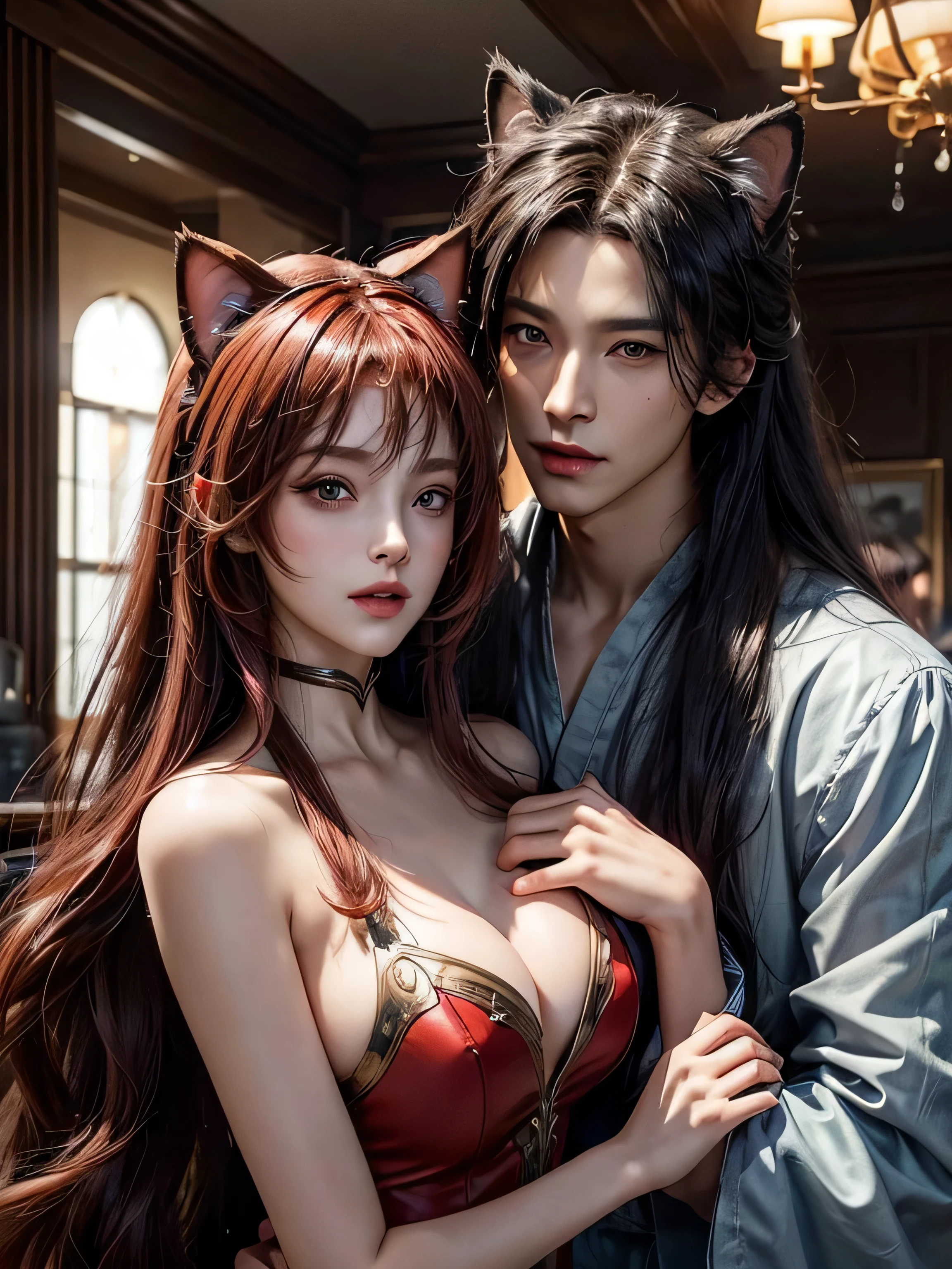 (Best Quality, 8K, Masterpiece, HDR, Soft Lighting, Picture Perfect, Realistic, Vivid), (woman, red hair, brown eyes, cat ears, close to man)( man, male, black hair, blue eyes, Man with cat ears, get ear) woman and man, cat ears, couple, (((full size figure))) Eyes looking at camera (with long red hair, long bangs, Forehead, smile, seductive, anime character portrait inspired) color difference, depth of field, dramatic shadow, ray tracing, best quality, highly detailed CG, 8K wallpaper, [Carefully rendered hair [Read more about beautiful and shiny hair]] ,(Perfect hand detail [ Beautiful fingers without breakage [Beautiful nails]],(Perfect anatomy (Perfect proportions)) [[Resembles the whole body]],[Perfect color coordination (Accurate imitation of the  of light and material)], [Fine art, conveying the meaning of the story]
