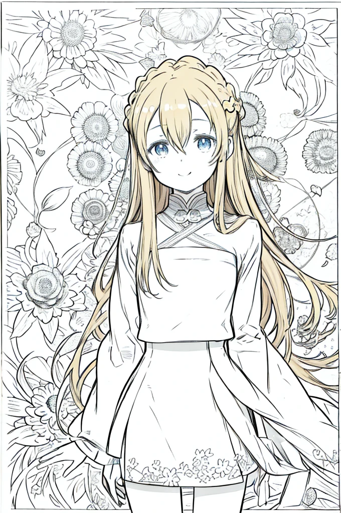 masterpiece, highest quality、Medium wide shot、Mature Woman、((((Flat Color))))、(((Anime Lineart)))、(mint, blue eyes, braid、Long blonde、Hair between the eyes)、Turtleneck sweater、Long sleeve、Pencil Skirt、Smiling、Lots of flowers in the background、