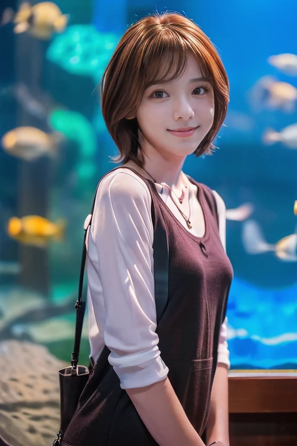 (18-year-old female:1.5)、(Having a date at the aquarium:1.5), (Walking with my boyfriend:1.2)、(The best quality at its best:1.4), (Super detailed), (Very detailed CG unified 16k), (Beautiful woman with perfect figure: 1.4), Sharp focus: 1.2, Very detailed, High-quality RAW color photos, Professional photography, Great face and eyes, cosmetics, (Amazingly beautiful girl), ((Casual appearance:1.5)), Realistic movie faces, Wide zoomed out view of head to foot length, Full body long view, Realistic, ((Realistic natural orange red hairstyle, Realistic blue eyes)), ( Short Bob Hair:1.5), (necklace:1.5)、(Looking at him with a gentle smile:1.5), Perfect model beauty, Mouth swelling, Highly detailed face and skin texture, Fine grain, double eyelid, Medium chest, (masterpiece), highest quality, High resolution, Very detailed, Blurred Background, Depth of written boundary, Cinema Lighting, Great legs, , Clear, well-maintained skin, (((Women make up the majority of the photo)))