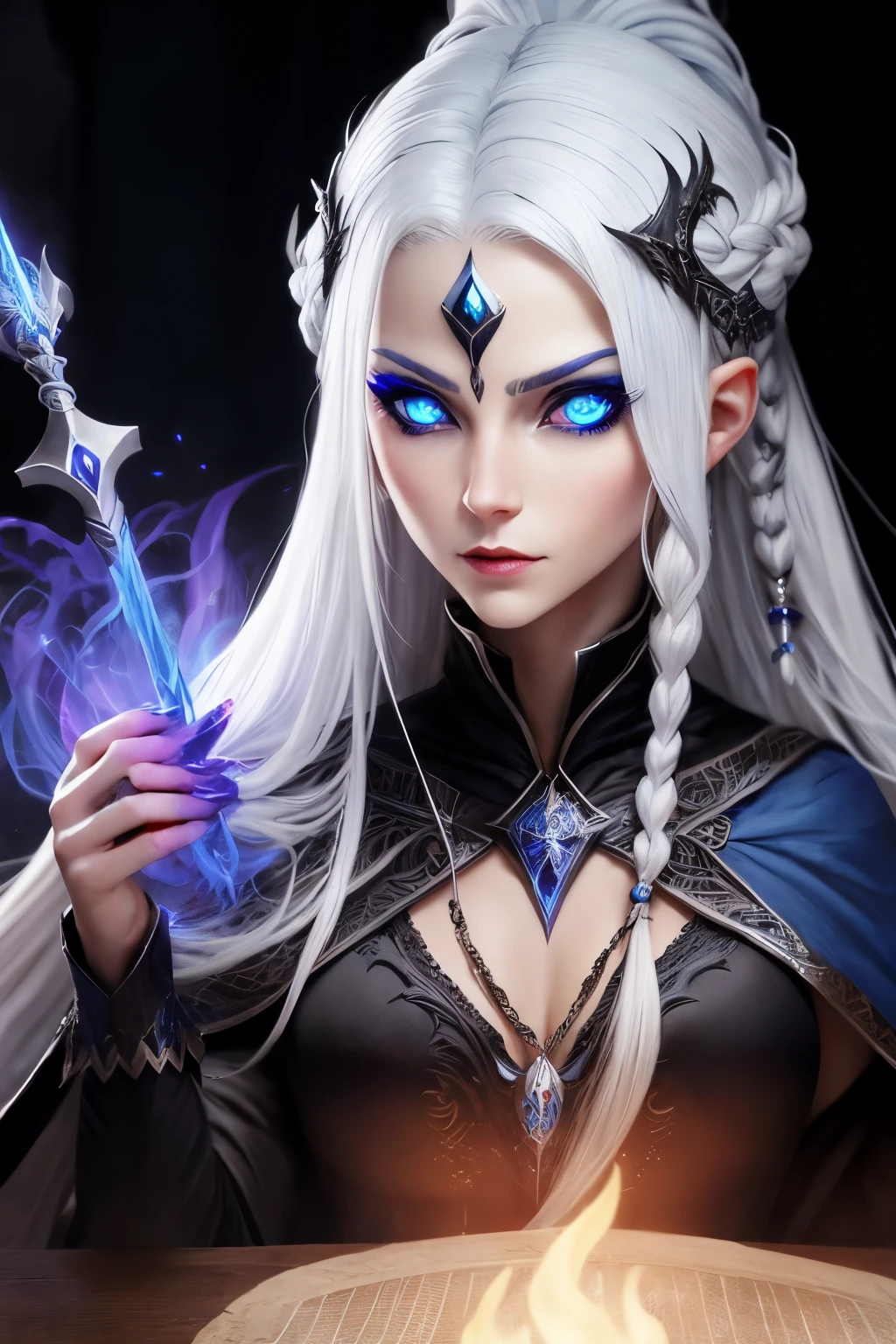 Evil sorceress, piercing blue eyes, white hair, braided hair, casting a spell